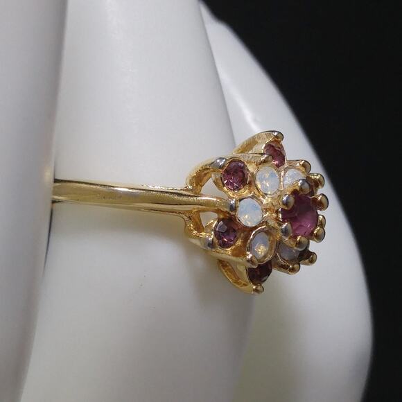 Vintage 1970s Gold Plated Purple Rhinestone Opal Cocktail Ring 18K HGE Sz 5¼ - Picture 3 of 10